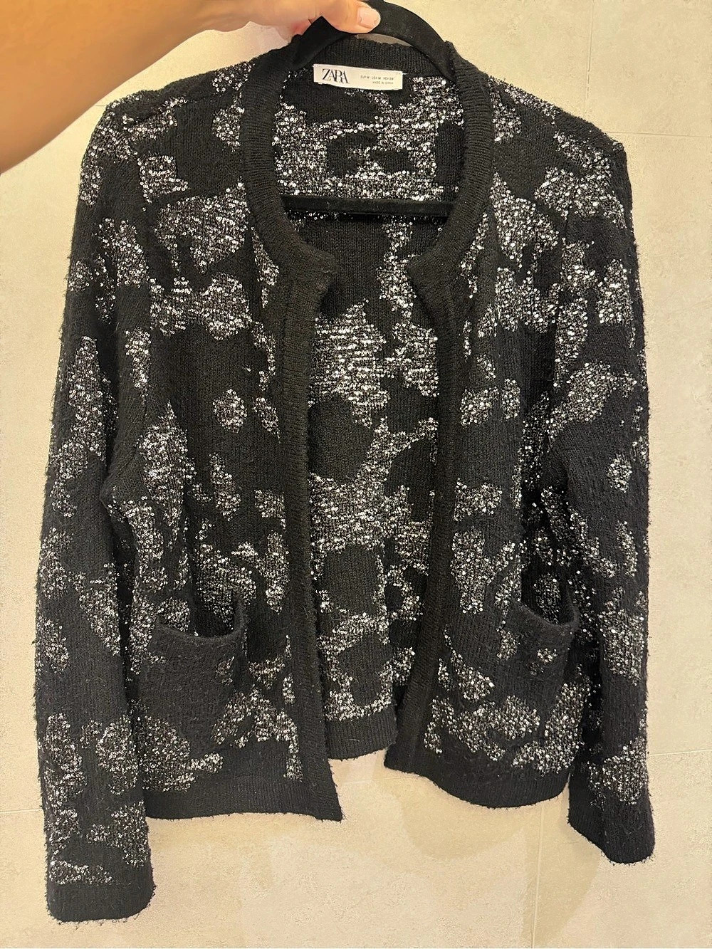 Zara Sequin and Metallic Thread Knit Cardigan Black & Silver Medium